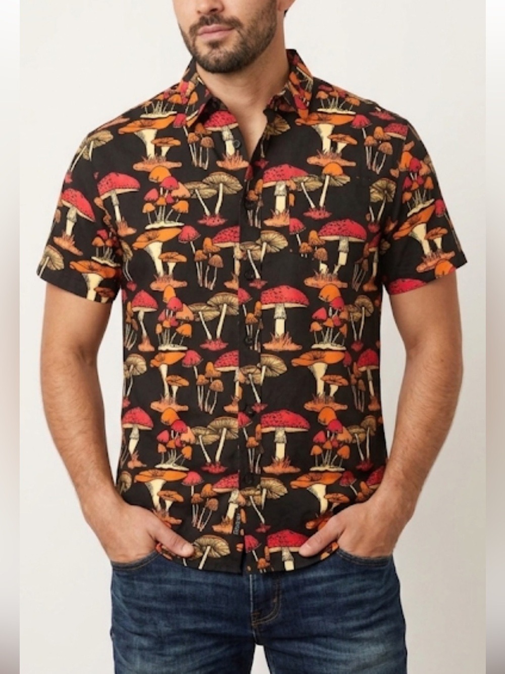 Massive Black Mushroom Print Button Front Shirt Men’s Small